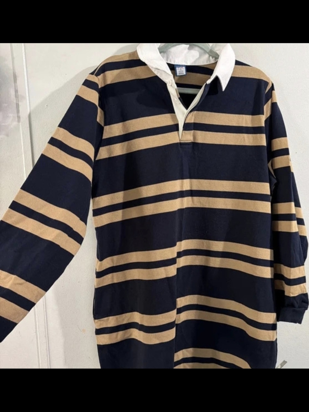 Old Navy Navy and Tan Striped Rugby Shirt Dress